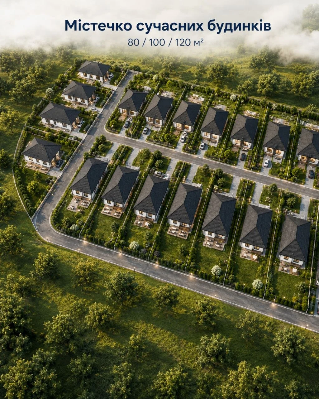 Містечко сучасних будинків 80–120 м² з висоти